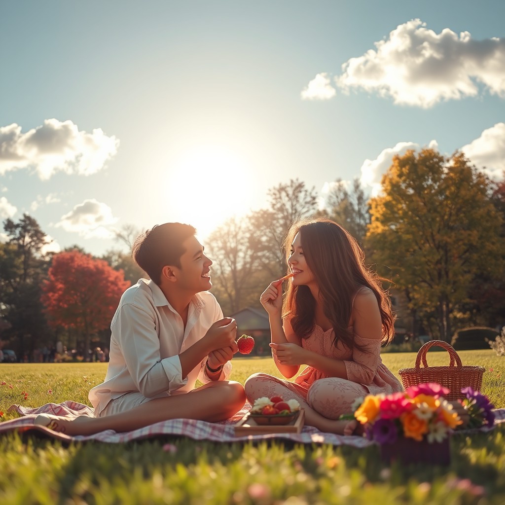 An evocative scene portraying the journey of falling in love and the effort to maintain it, featuring a couple enjoying a cozy picnic on a sunlit blanket in a picturesque park