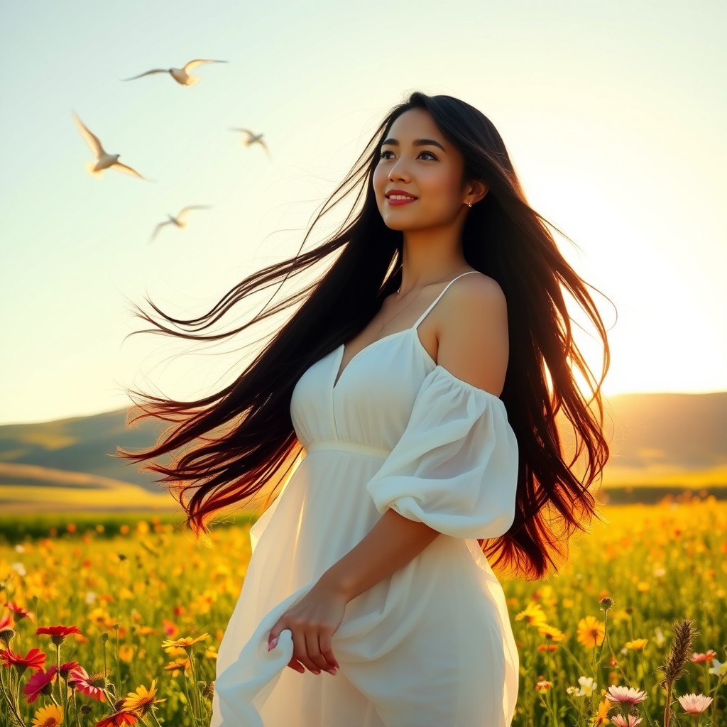 A beautiful woman with long flowing dark hair, standing in a sunlit meadow filled with vibrant wildflowers, wearing a flowing white dress that dances gently in the breeze