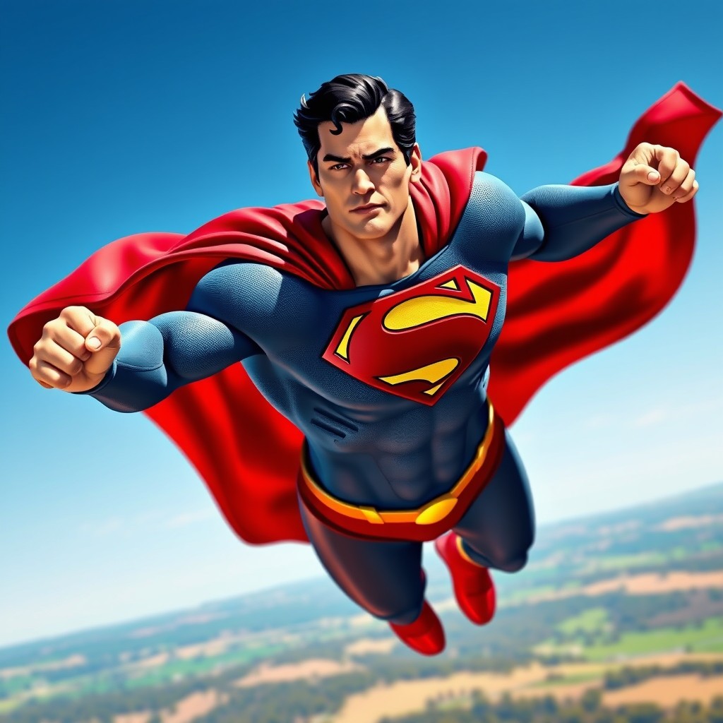 A stunning image of Kingdom Come Superman flying through a bright blue sky, showcasing his powerful form in mid-acceleration