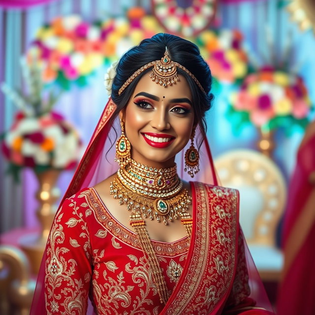 A stunning Indian bride inspired by Kriti Sanon, adorned in a richly embroidered red and gold bridal lehenga, intricate jewelry including a maang tikka and heavy earrings, with her hair elegantly styled in a bun decorated with flowers