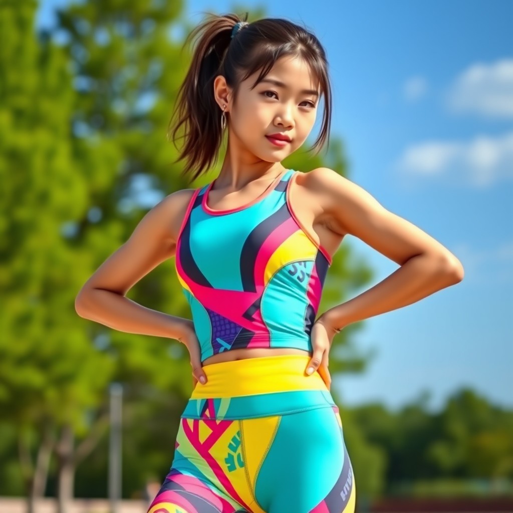 A stylish Asian girl in vibrant training wear, showcasing a mix of sporty and fashionable elements