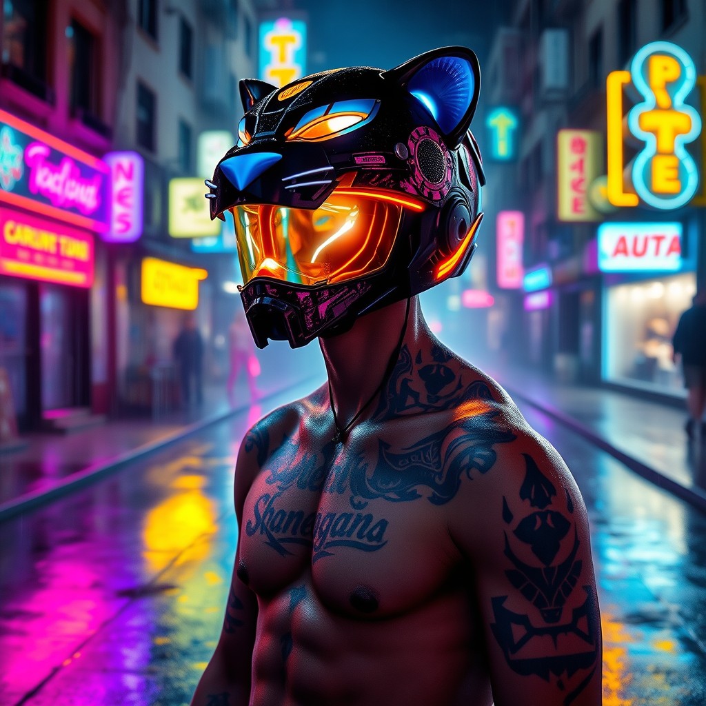 A cyberpunk figure wearing a futuristic panther-shaped helmet adorned with glowing blue and gold neon accents