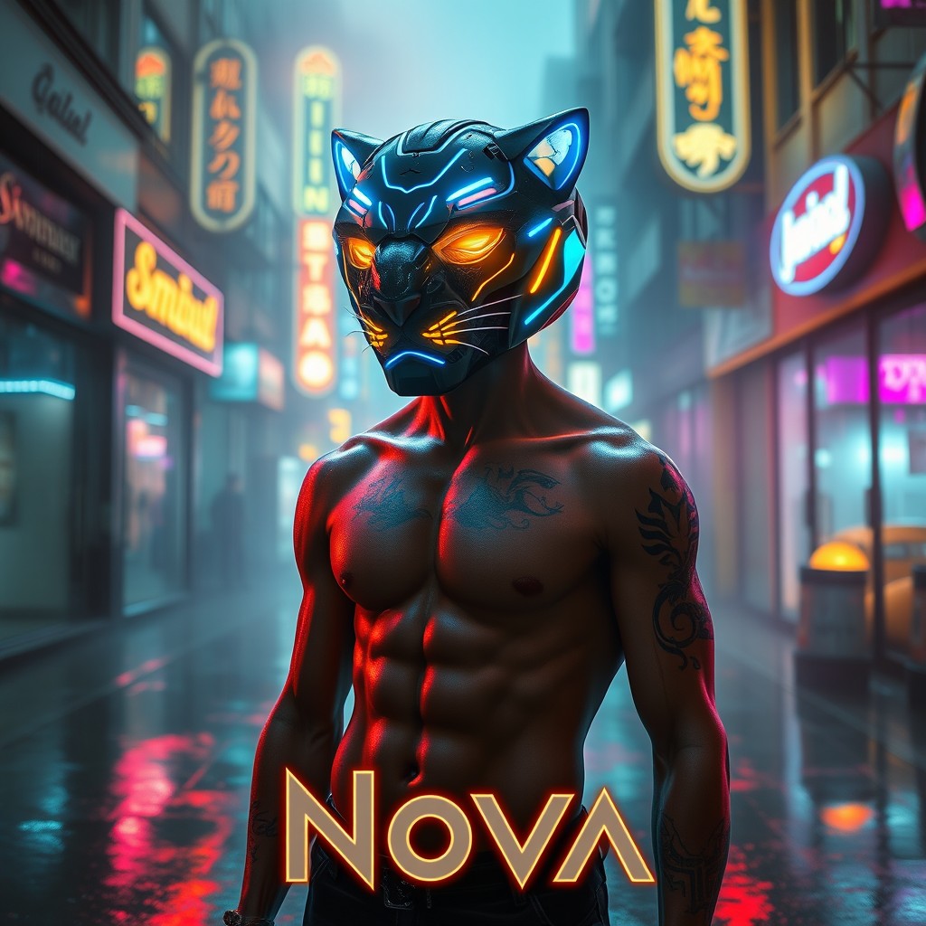 A cyberpunk figure wearing a futuristic panther-shaped helmet adorned with glowing blue and gold neon accents, designed in an anime style