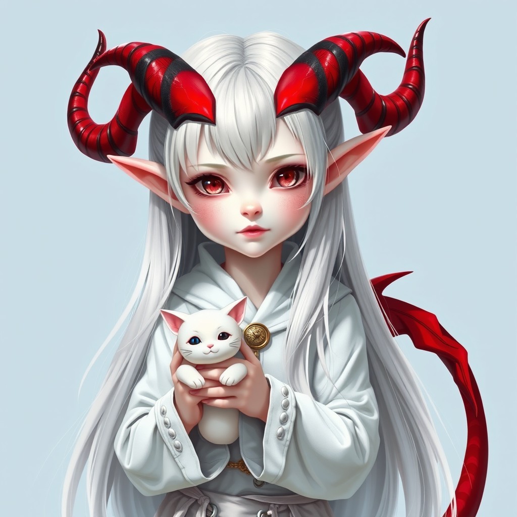 A young tiefling girl with white skin and striking red horns, showcasing her straight long hair that is predominantly white with dramatic black tips