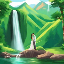 A picturesque landscape with a vibrant green mountain, a cascading waterfall, and a sweet couple sharing a kiss amidst the beautiful wilderness.