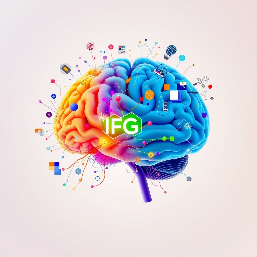 A detailed illustration of the brain focusing on the inferior frontal gyrus (IFG)