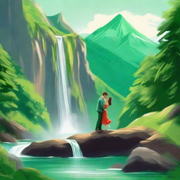 A picturesque landscape with a vibrant green mountain, a cascading waterfall, and a sweet couple sharing a kiss amidst the beautiful wilderness.