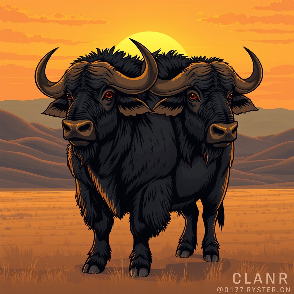 A striking and powerful illustration of a two-headed buffalo, showcasing the majestic strength and imposing features of this magnificent animal