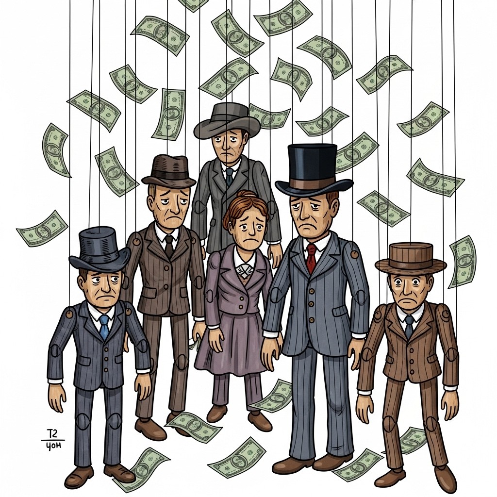 A comic-style illustration of wooden puppets on strings, dressed in early 1900s vintage clothing