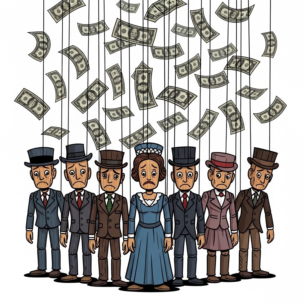 A comic-style illustration of wooden puppets on strings, dressed in early 1900s vintage clothing