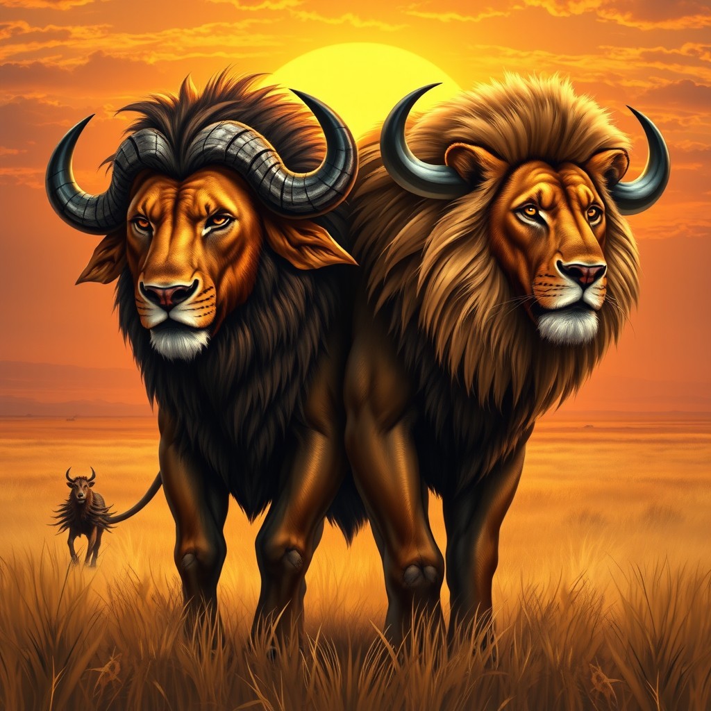 A majestic and fierce illustration of a two-headed buffalo-lion hybrid, merging the powerful physique of a buffalo with the regal features of a lion