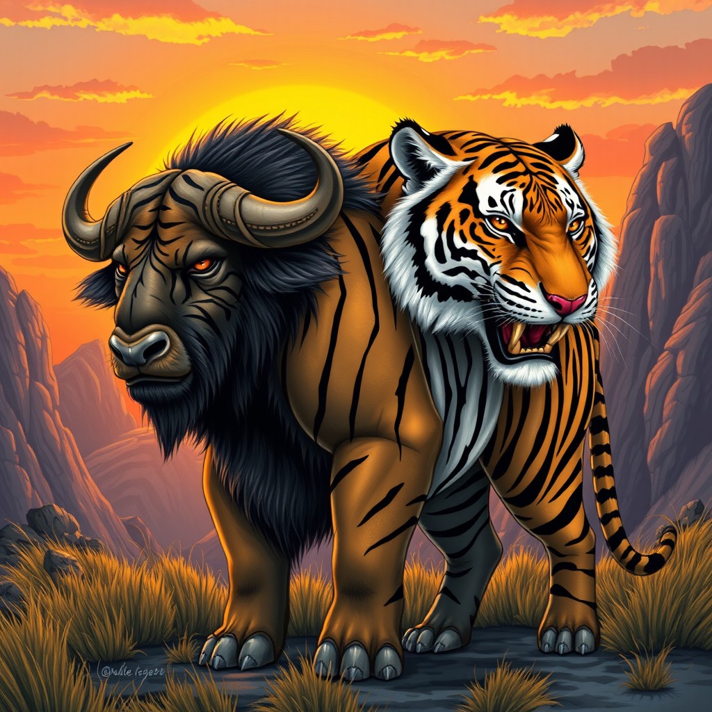 An awe-inspiring illustration of a two-headed buffalo-tiger hybrid, merging the immense power of a buffalo with the fierce beauty of a tiger