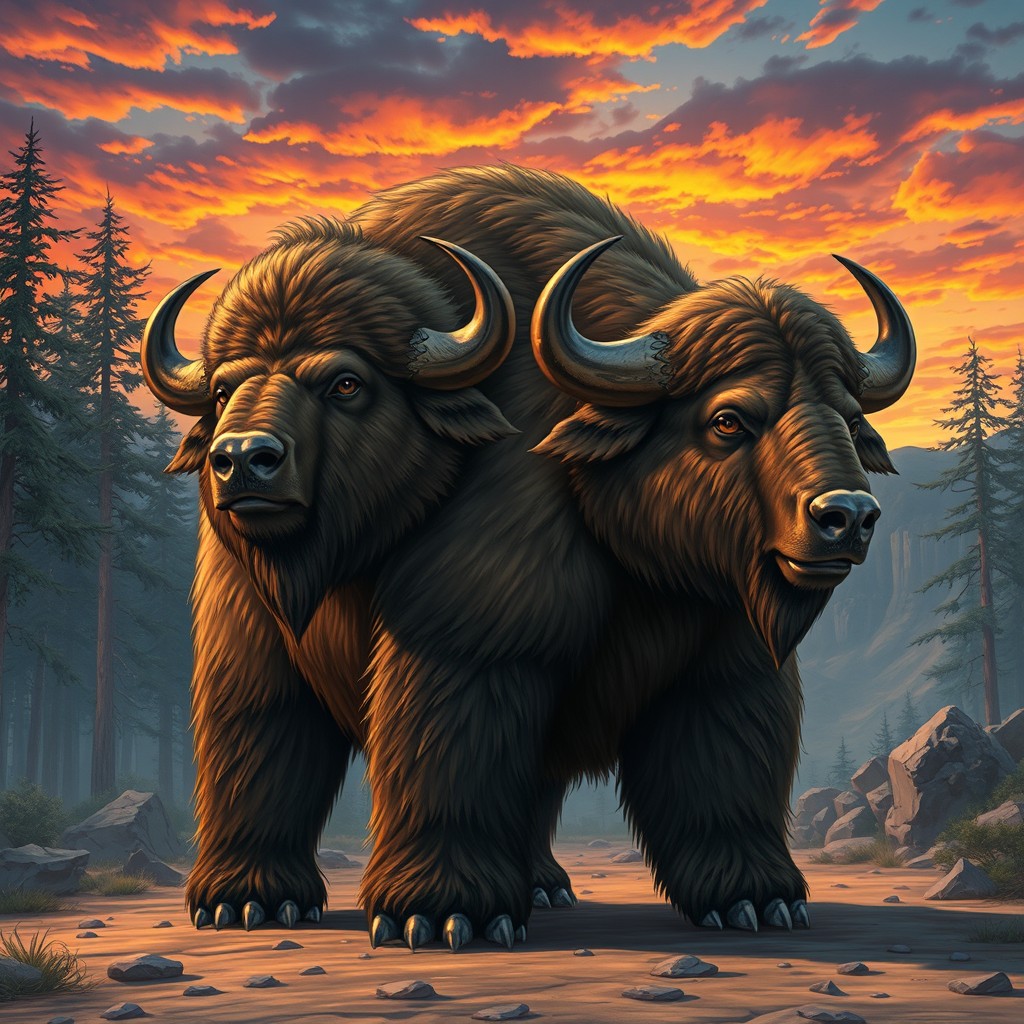 An incredible illustration of a two-headed buffalo-bear hybrid, merging the immense strength of a buffalo with the fierce presence of a bear