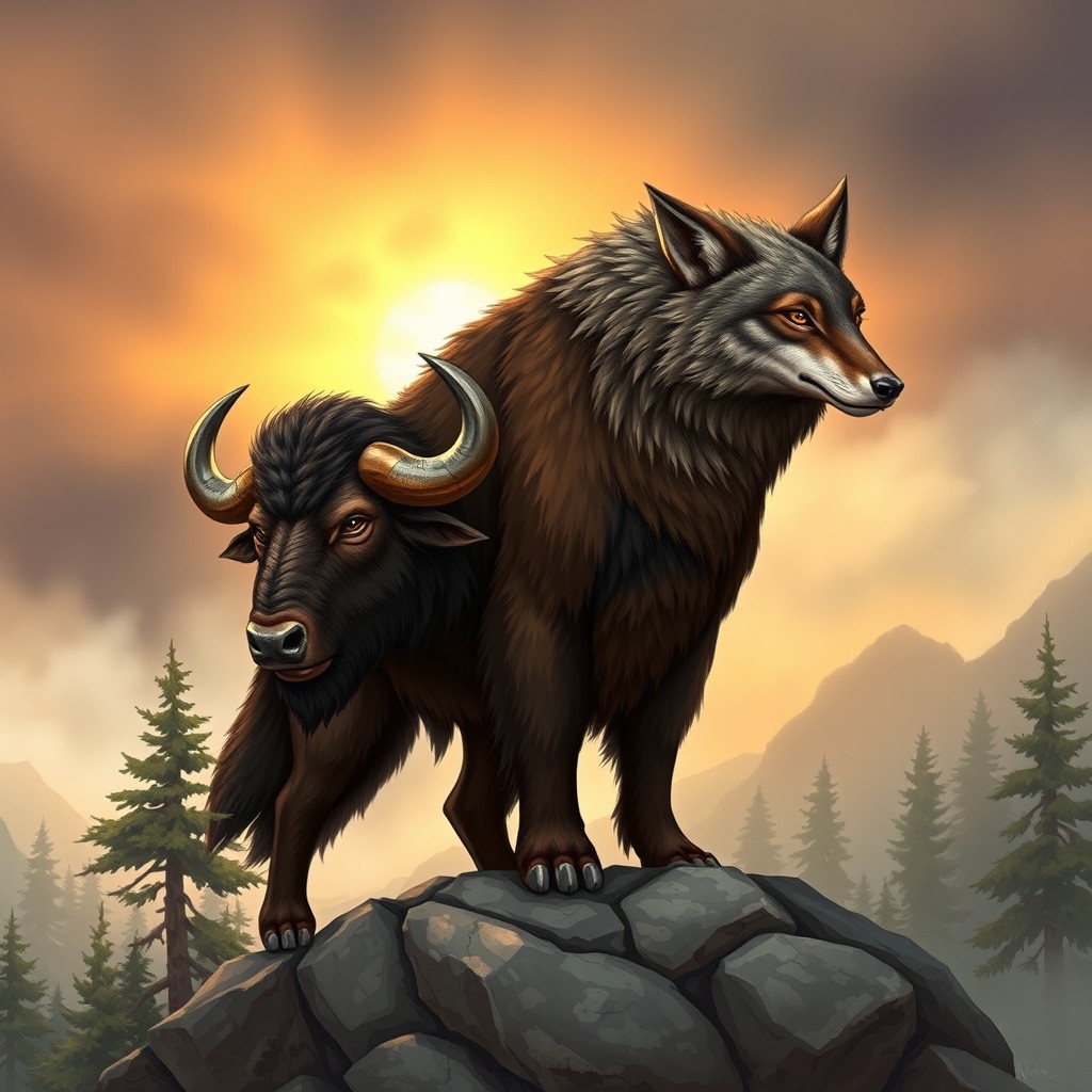 An intriguing and powerful illustration of a two-headed buffalo-wolf hybrid, combining the formidable presence of a buffalo with the cunning and agility of a wolf