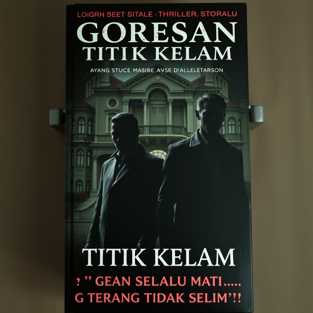 A book cover for a short story collection titled "Goresan Di Titik Kelam" featuring two mysterious men with indistinct, shadowy faces standing in front of an opulent mansion stained with blood splatters