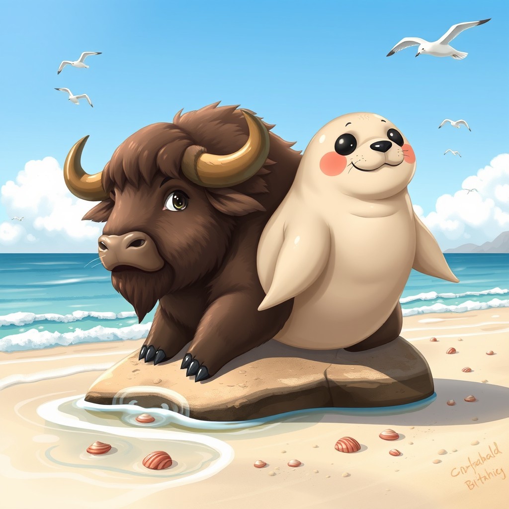 A delightful illustration of a two-headed buffalo-seal hybrid, seamlessly blending the robust body of a buffalo with the sleek form of a seal