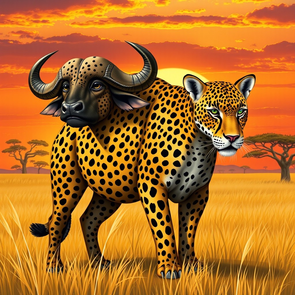 An imaginative illustration of a two-headed buffalo-leopard hybrid, harmoniously combining the imposing stature of a buffalo with the sleek, agile form of a leopard