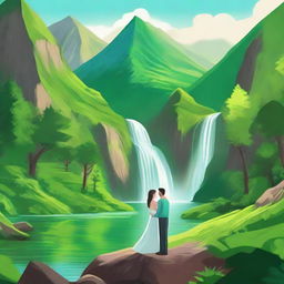 A picturesque landscape with a vibrant green mountain, a cascading waterfall, and a sweet couple sharing a kiss amidst the beautiful wilderness.