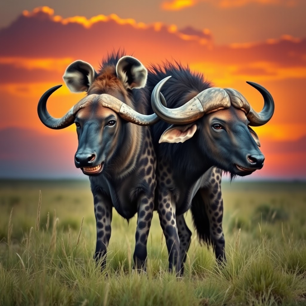 An extraordinary creature, a two-headed buffalo hyena, blending the robust physique of a buffalo with the distinct features of a hyena