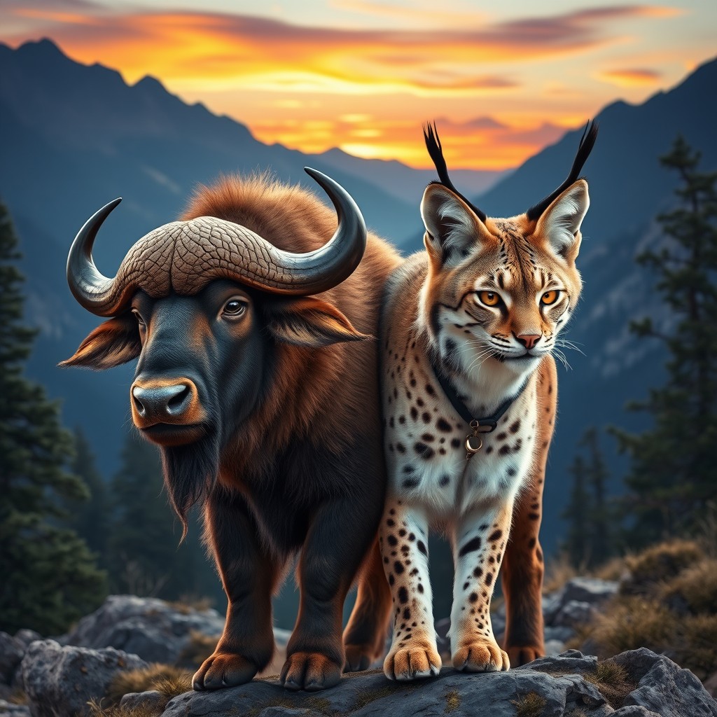A captivating two-headed buffalo lynx, merging the robust form of a buffalo with the sleek features of a lynx