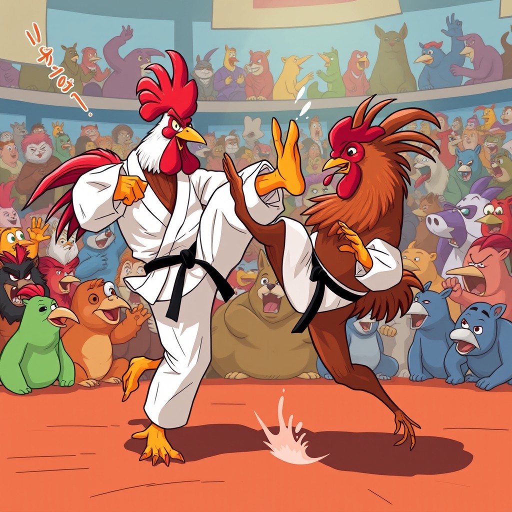 A vibrant and action-packed illustration showing a rooster named Zeca in a traditional karate gi, energetically engaged in a fierce karate battle against another rooster, known as Galo Dragão