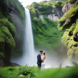 A breath-taking image of a beautiful verdant mountain with an effervescent waterfall cascading down its side, set against a backdrop of a loving couple engaged in a passionate kiss.