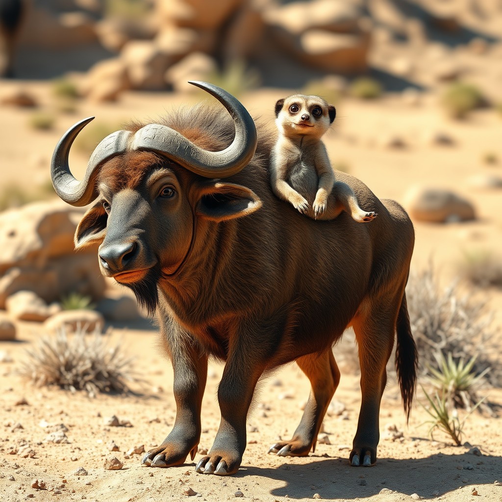 An imaginative two-headed buffalo meerkat, merging the sturdy frame of a buffalo with the playful features of a meerkat