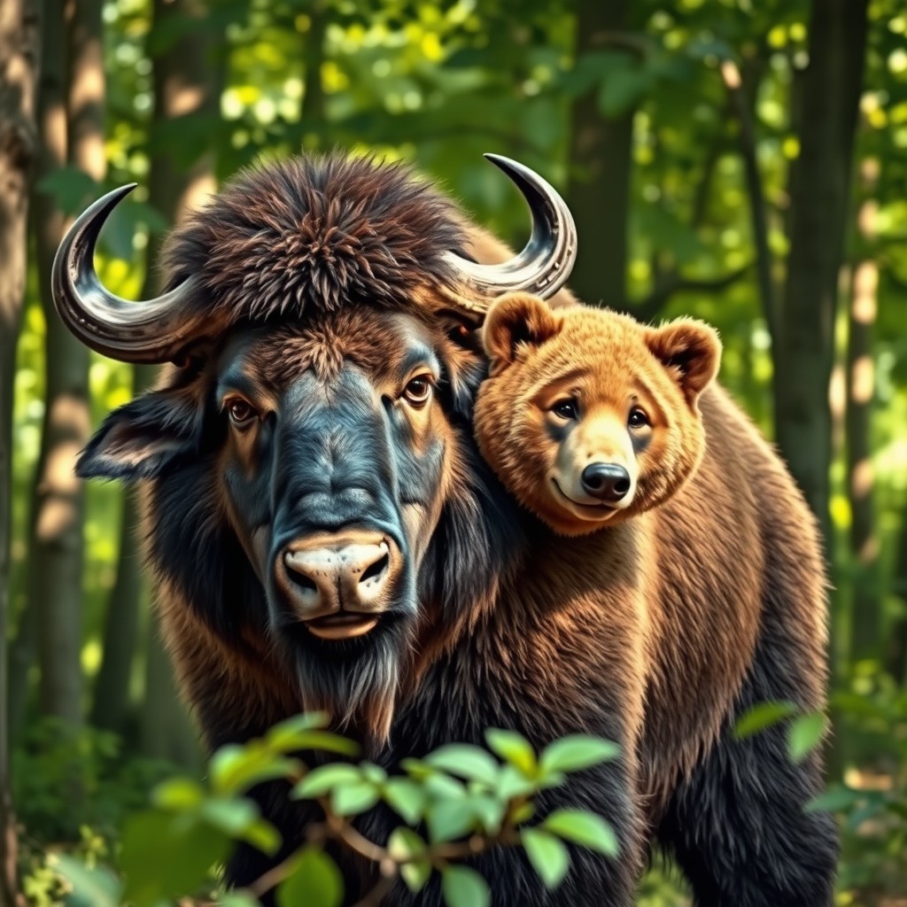 A fascinating two-headed buffalo bear, combining the powerful body of a buffalo with the furry features of a bear