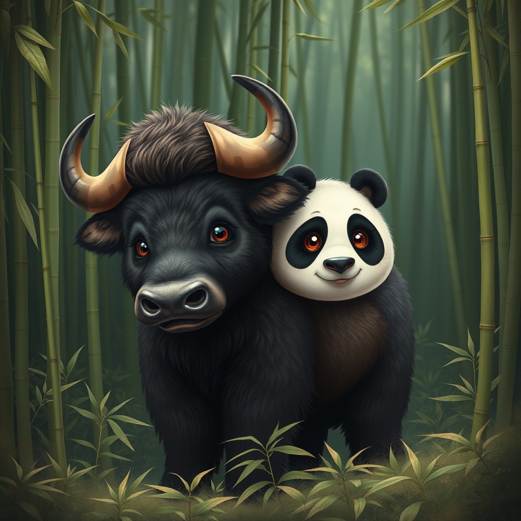 An enchanting two-headed buffalo panda that combines the robust body of a buffalo with the adorable features of a panda