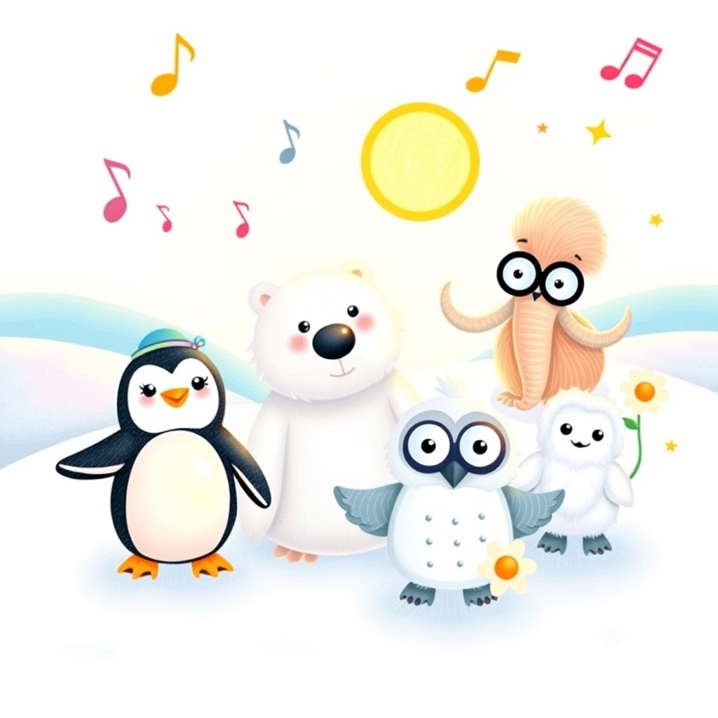 A delightful and colorful drawing suitable for children, featuring a charming penguin and a baby penguin, a friendly polar bear, a playful seal, a wise snowy owl, a fluffy woolly mammoth, and two cute snowflakes
