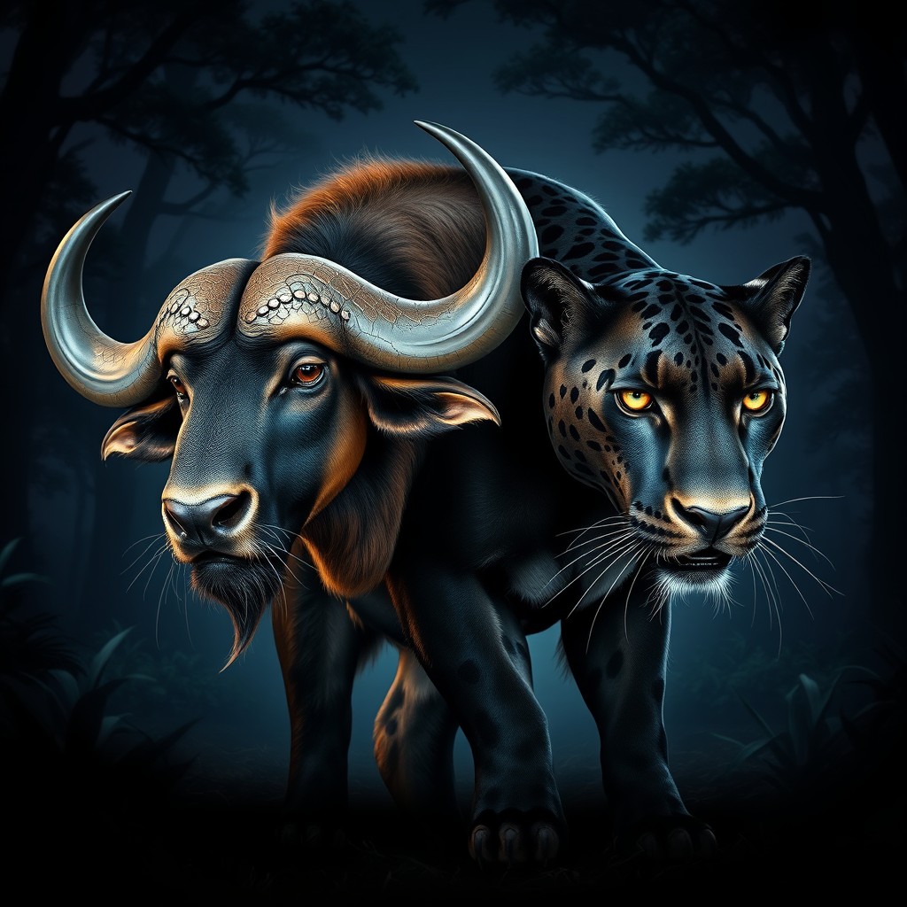 A striking two-headed buffalo panther, seamlessly blending the robust physique of a buffalo with the sleek, agile features of a panther