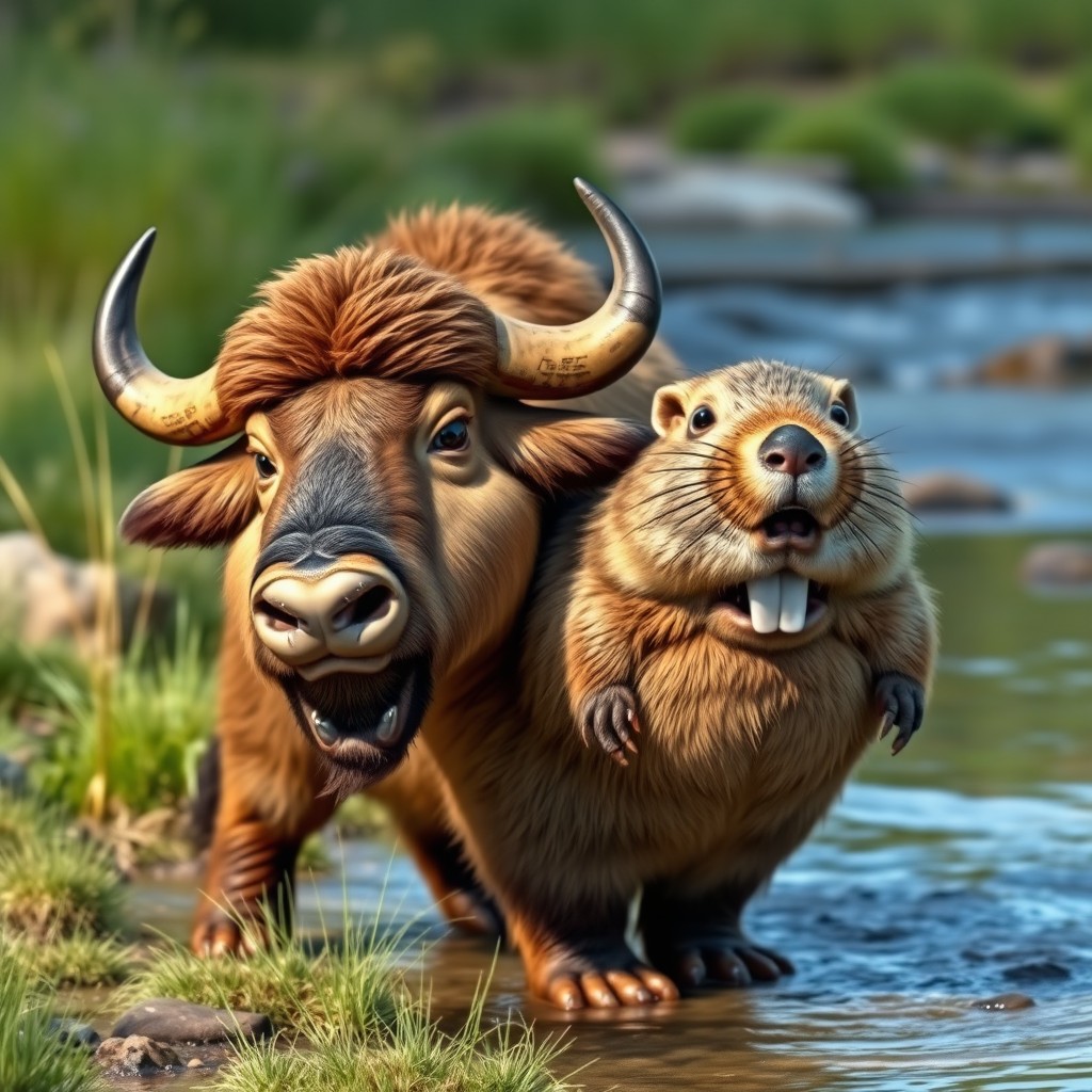 A unique two-headed buffalo beaver, combining the sturdy body of a buffalo with the charming features of a beaver