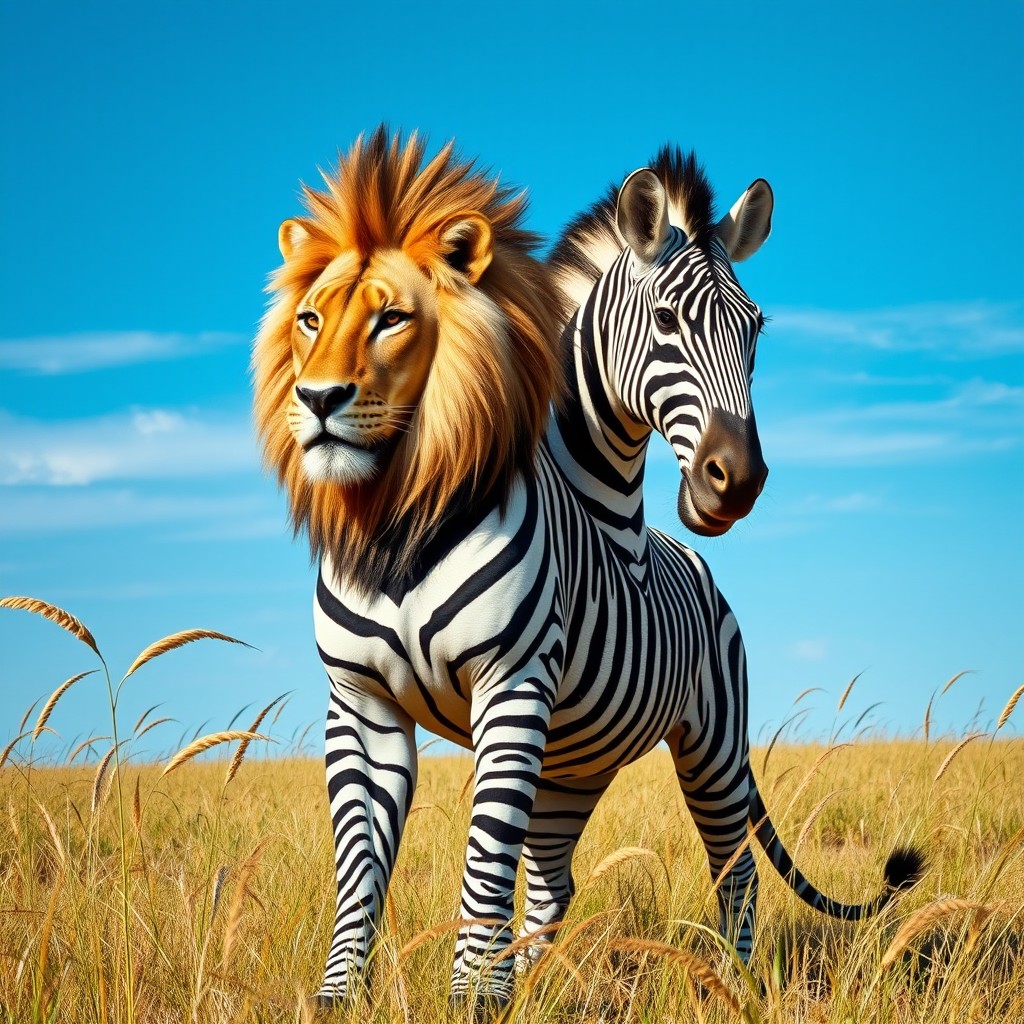 An extraordinary two-headed zebra lion that fuses the majestic features of a lion with the striking stripes of a zebra