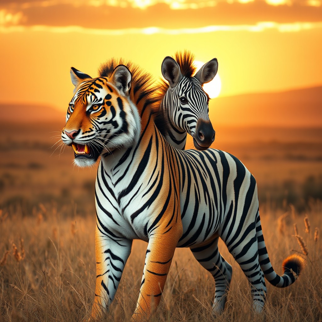 An imaginative two-headed zebra tiger, combining the distinctive stripes of a zebra with the fierce traits of a tiger