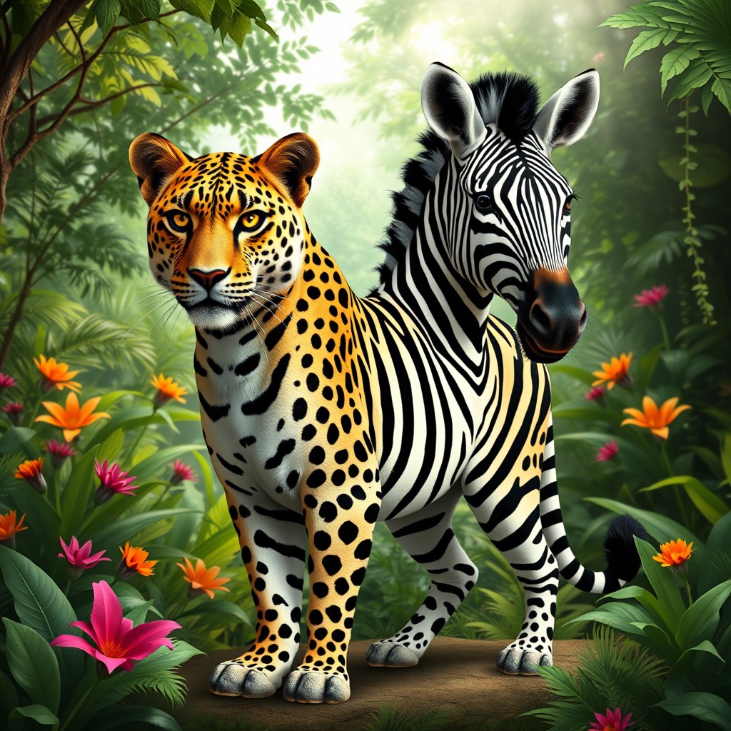 An imaginative two-headed zebra leopard, merging the striking patterns of a zebra with the sleek spots of a leopard