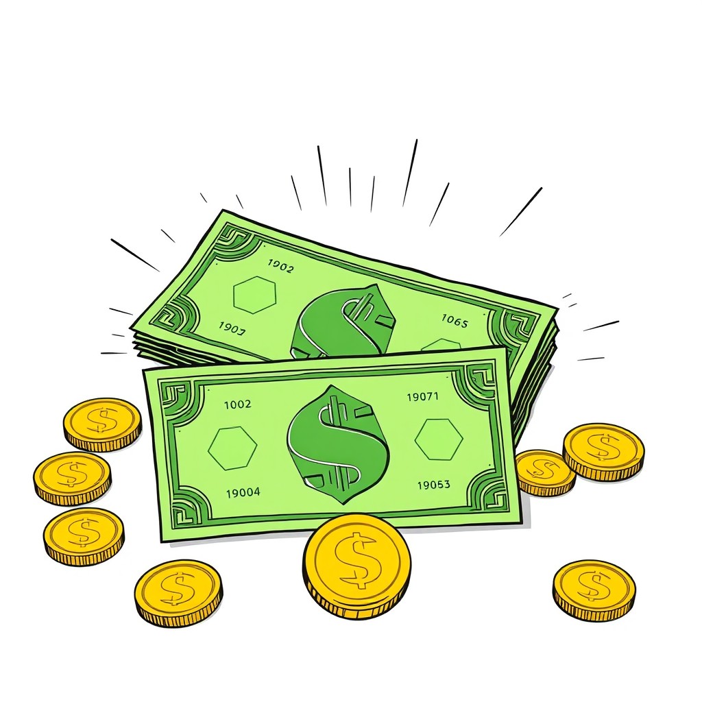 A comic-style illustration featuring banknotes in green and a few golden coins scattered around