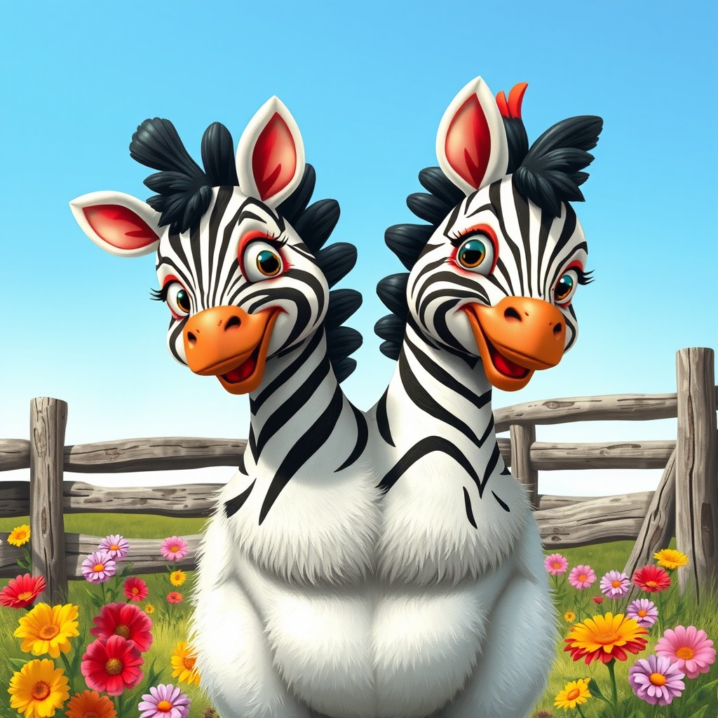 A whimsical two-headed zebra hen, featuring the distinctive black and white stripes of a zebra on both heads