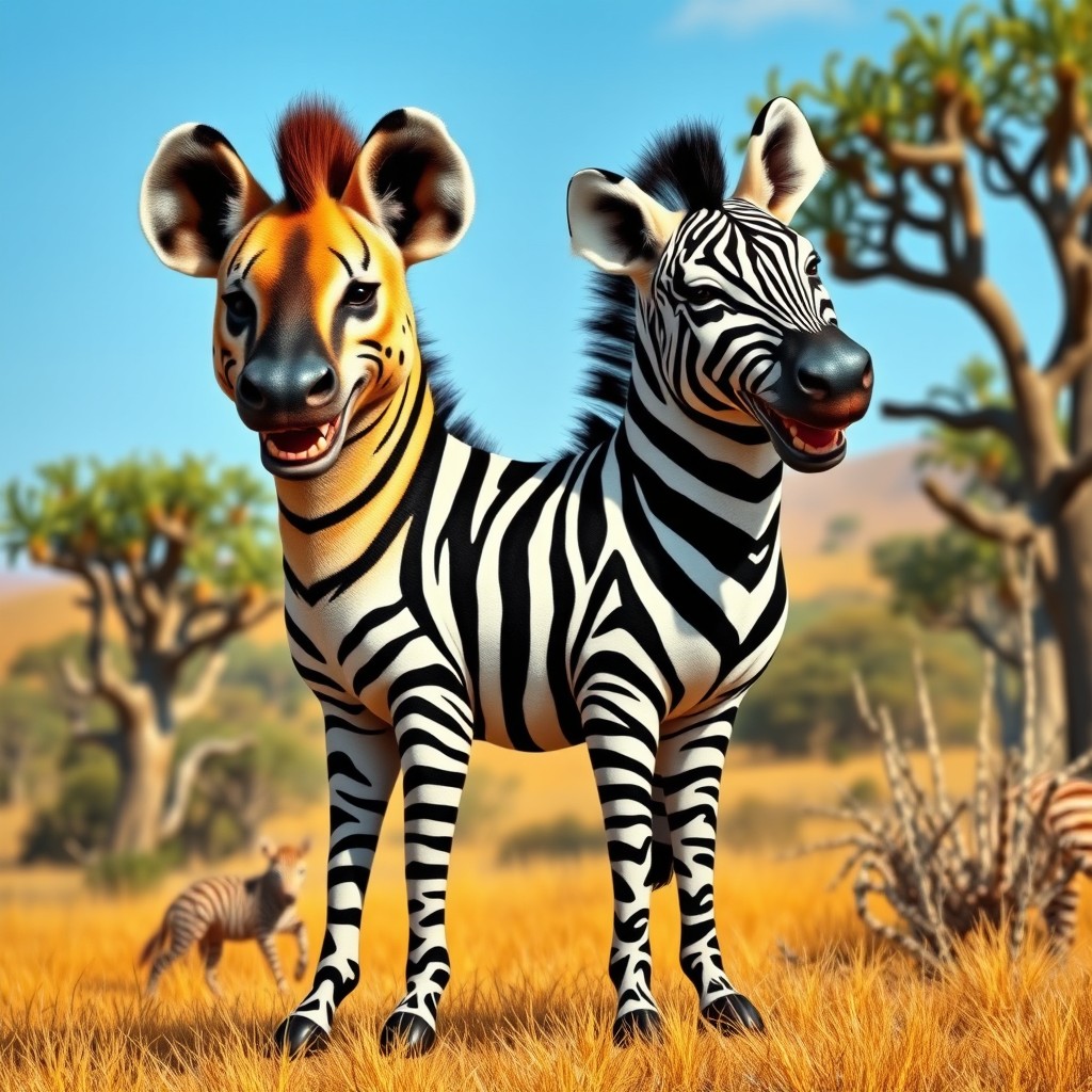 An imaginative two-headed zebra hyena, featuring the unique combination of a zebra's striking black and white stripes and a hyena's distinct features