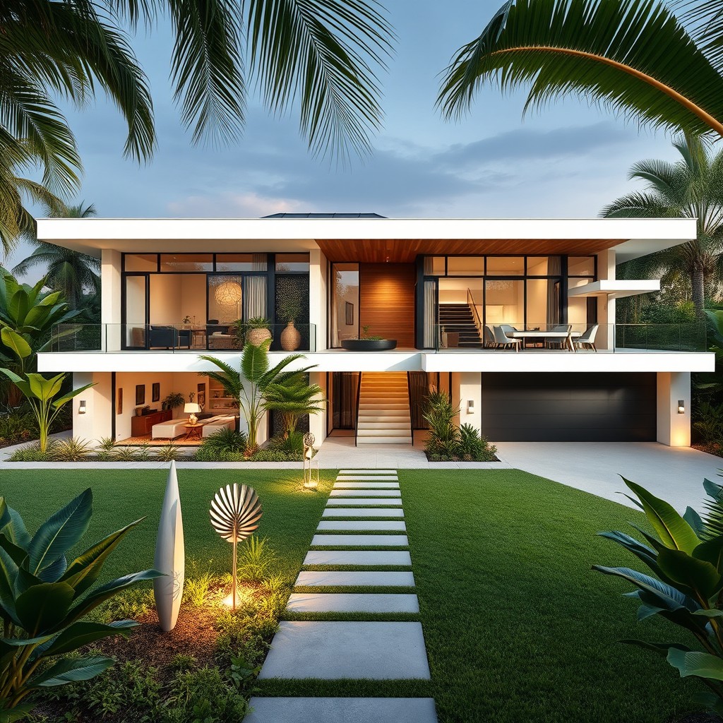 A modern house design with sleek lines and large windows, surrounded by a lush garden with tropical plants