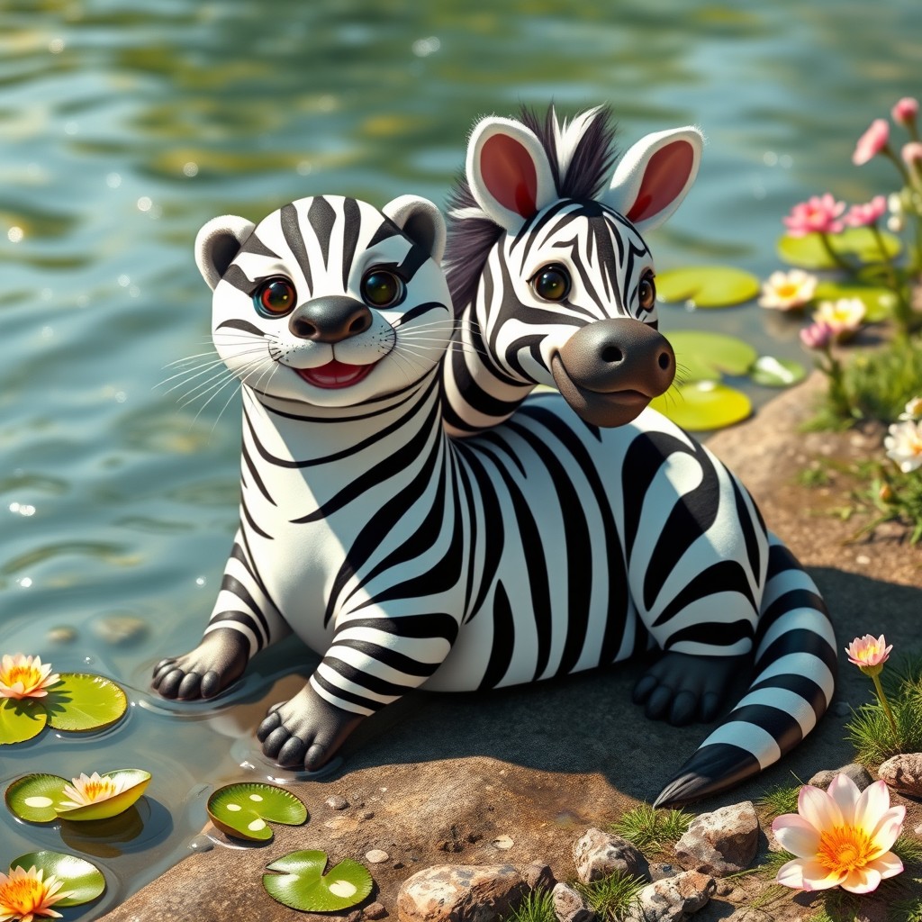 A whimsical two-headed zebra otter, featuring the playful and sleek body of an otter adorned with striking black and white zebra stripes