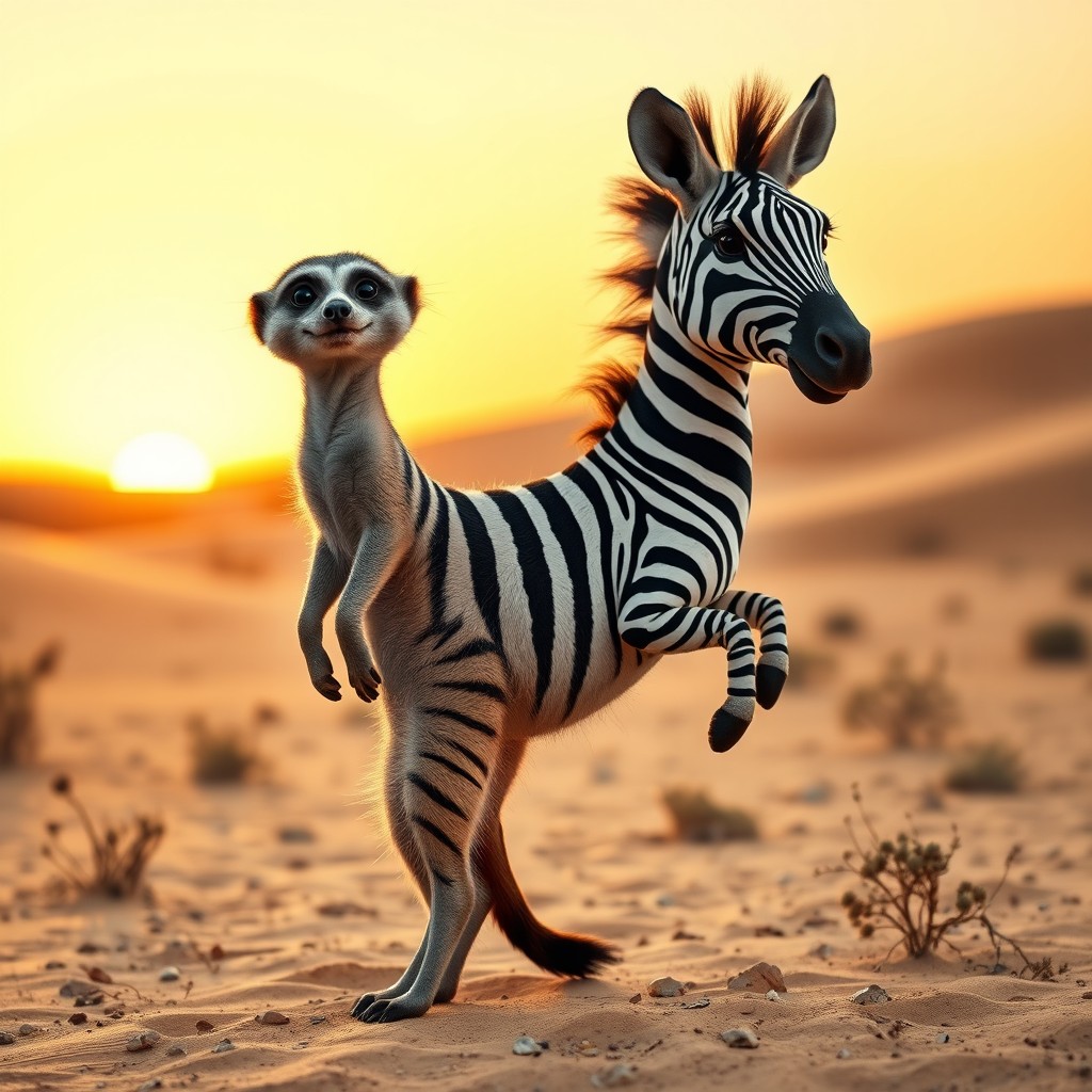 A whimsical two-headed zebra meerkat, showcasing the playful nature of a meerkat combined with the distinctive black and white stripes of a zebra