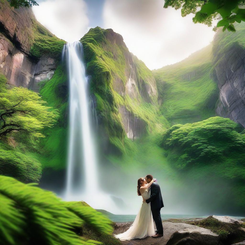 A breath-taking image of a beautiful verdant mountain with an effervescent waterfall cascading down its side, set against a backdrop of a loving couple engaged in a passionate kiss.