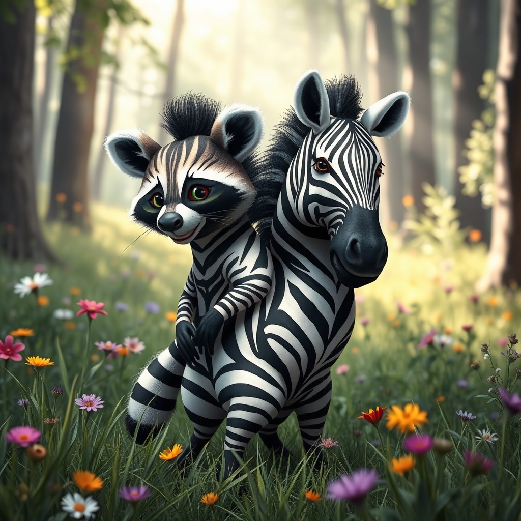 A fantastical two-headed zebra raccoon, merging the playful features of a raccoon with the bold black and white stripes of a zebra