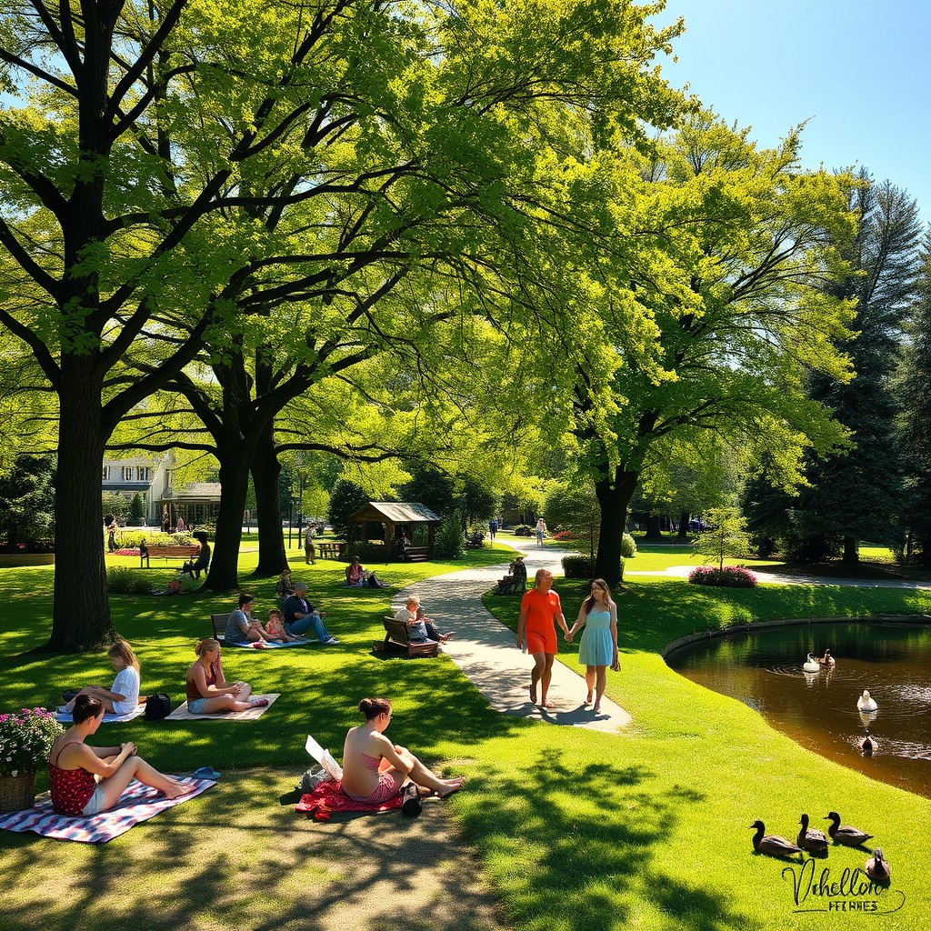 A serene Sunday afternoon scene in a quaint park, with people enjoying their leisurely day