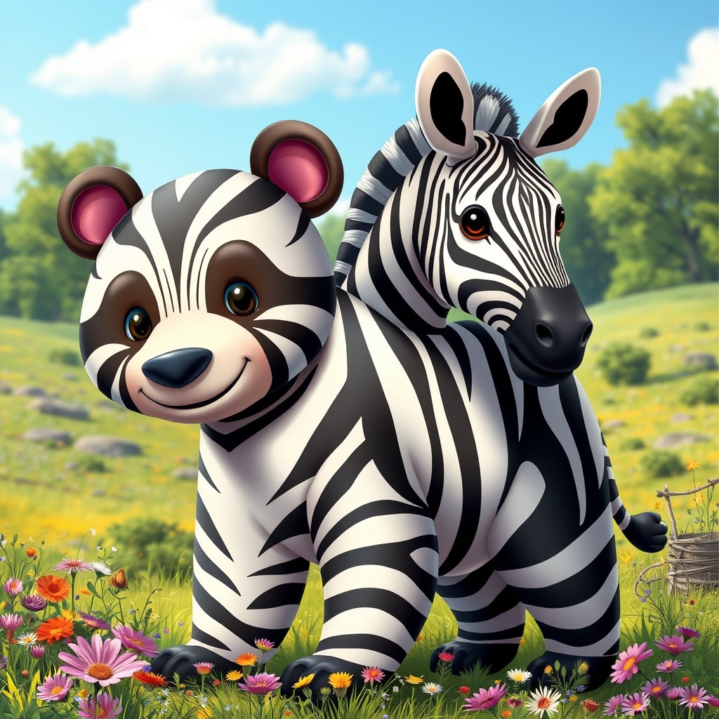A fantastical two-headed zebra bear, blending the characteristics of a bear with the unique black and white stripes of a zebra