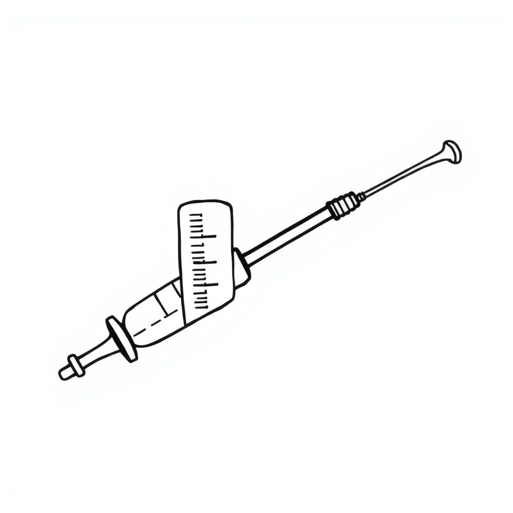 A comic-style illustration of a medical injection and a filling gauge, designed as an outline drawing without shading or gray tones, resembling a coloring book page