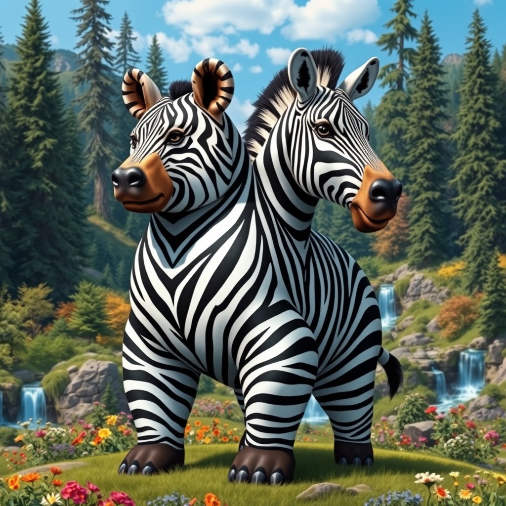 An imaginative two-headed zebra bear, merging the strong and majestic features of a bear with the captivating black and white stripes of a zebra