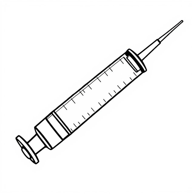 A comic-style illustration of a medical injection syringe that is empty, designed as a coloring page with no shading or gray tones