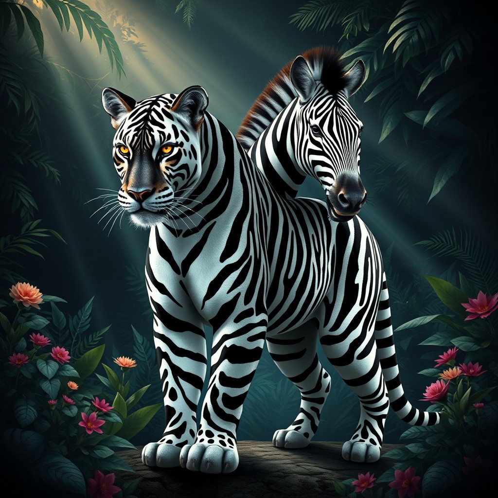 A striking two-headed zebra panther, blending the sleekness and power of a panther with the distinctive black and white stripes of a zebra