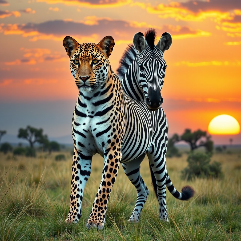 An extraordinary two-headed zebra leopard, combining the elegance of a leopard with the distinctive stripes of a zebra